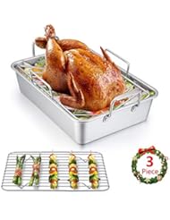 E-far Roasting Pan,  14 Inch Stainless steel Turkey Roaster with Rack, Include Deep Lasagna Pan & V-shaped Rack & - Image 1