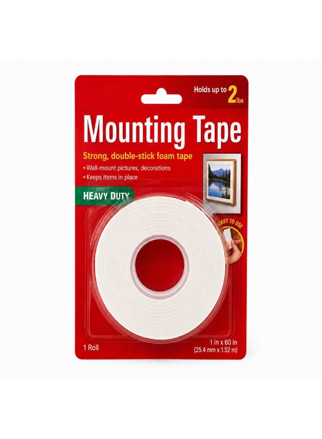 Heavy Duty Double-Stick Foam Mounting Tape, 1 inch x 60 inch