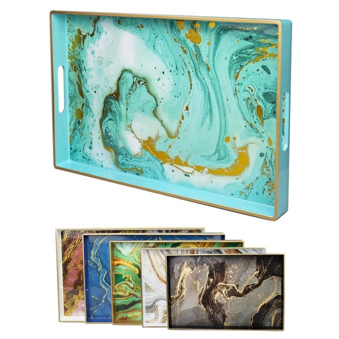 TURQUOISE MARBLING DECORATIVE TRAY WITH HANDLES MORDEN PLASTIC RECTANGULAR SERVING TRAY FOR COFFEE TABLE BATHROOM OTTOMAN HOME DECOR 157 102 138