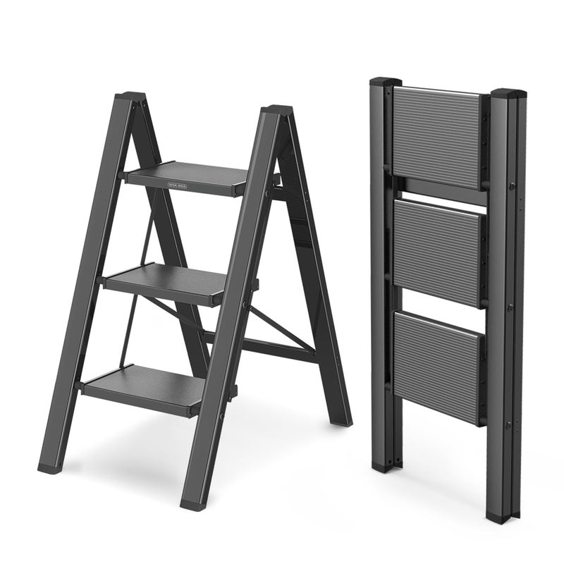 WOA WOA Step Ladder, Portable Lightweight Home Ladder, Folding Step Stool with Widening Pedals, Kitchen Stepladder, Space Save, Easy to Store, 300 lbs Capacity (3 Step, Black) - Image 1