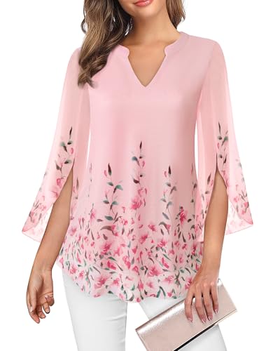 VALOLIA Plus Size Formal Blouses for Wedding: Pink Shirt - Pastel Flowy Tops for Women - 3/4 Sleeve Flowy Chiffon Blouse Double Layer Tummy Hide Vacation Tunic for Spring Summer XXXL - Image 1