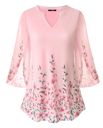 VALOLIA Plus Size Formal Blouses for Wedding: Pink Shirt - Pastel Flowy Tops for Women - 3/4 Sleeve Flowy Chiffon Blouse Double Layer Tummy Hide Vacation Tunic for Spring Summer XXXL - Image 3
