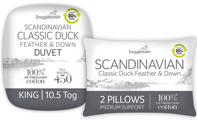 Snuggledown Duck Feather  Down King Size Duvet 105 Tog  Pillows  Natural Fill AllSeason Quilt with 85 Feather 15 Down  230TC Cotton Cover Box Stitched UKMade Machine Washable 225 x 220cm