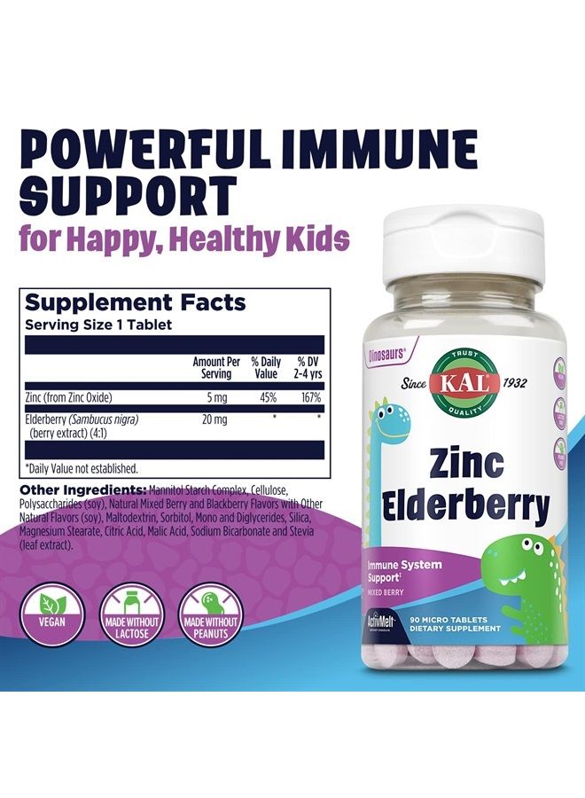 KAL Kids Zinc Elderberry Dinosaurs, Immune Support Supplement* for Children w/ Sambucus Elderberry, Fast Dissolving Mixed Berry ActivMelts, Fun, Tasty Dino Shapes, Vegan, 90 Servings, 90 Micro Tablets - Image 2