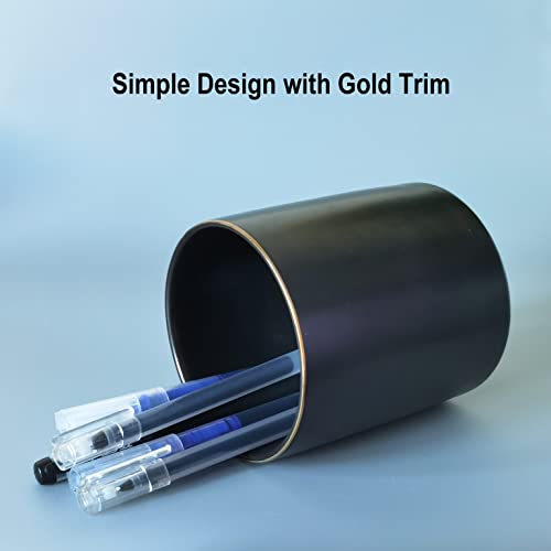 HANKOR Ceramic Pencil Holder for Desk - Cute Gold Trim Pen Aesthetic Makeup Brush Cup Holder Organizer for Desktop Storage Stationery Office Home Supplies, Black - Image 2
