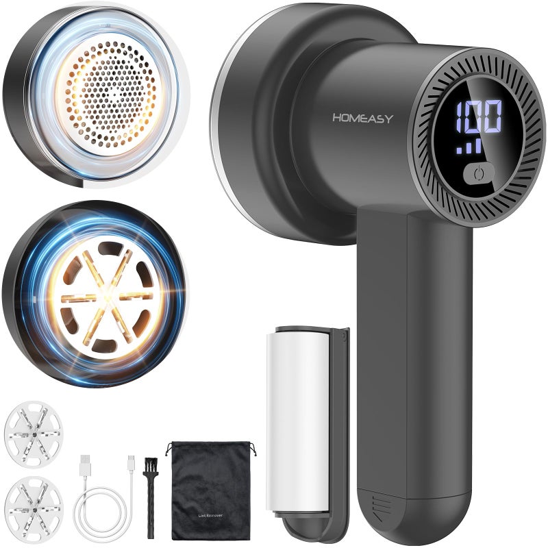 مزيل الوبر الكهربائي HOMEASY القابل لإعادة الشحن مع 3 شفرات وشاشة LED الرقمية لمزيل الوبر للأقمشة والكنب والسترات والأثاث