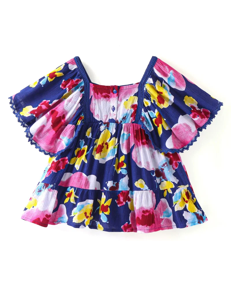 babyhug Babyhug Rayon Half Sleeves Frock Floral Print with Lace & Bow Detailing- Blue