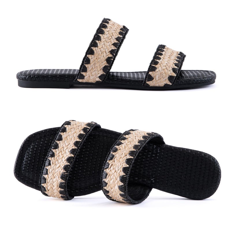 Mtzyoa Women Flat Sandals Straw Braided Black Size 10 Dressy Summer Bohemian Vacation Casual Cute Comfortable Beach Slides - Image 3
