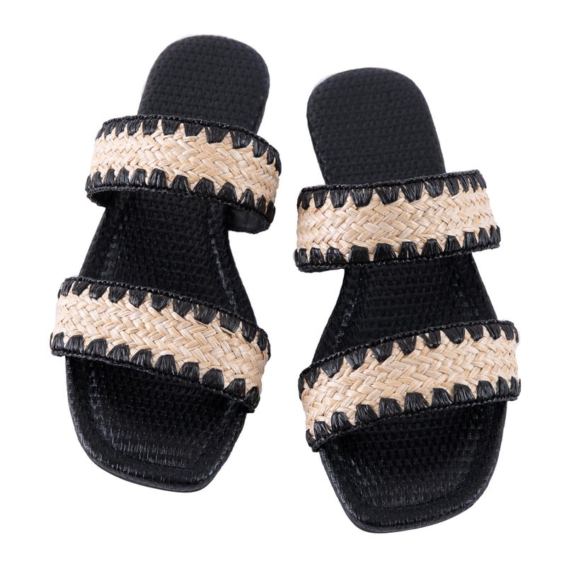 Mtzyoa Women Flat Sandals Straw Braided Black Size 10 Dressy Summer Bohemian Vacation Casual Cute Comfortable Beach Slides - Image 1