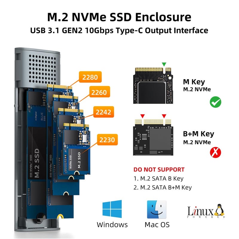 MAIWO حاوية SSD NVMe M.2 من MAIWO، USB 3.1 GEN2 بسرعة 10Gbps بدون أدوات، محول قارئ USB C إلى M.2 NVMe SSD، يدعم UASP Trim، سعة 8TB، من الألمنيوم - Image 2