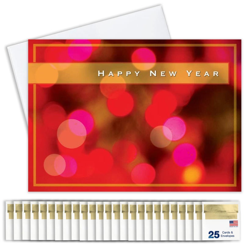 New Years Cards for Business Family Bright Pink Lights Greeting Card Set Pack of 25 Happy New Year Cards with Envelopes for 2025 5x7 inch A7 Great for Office Work Employees Clients N8004