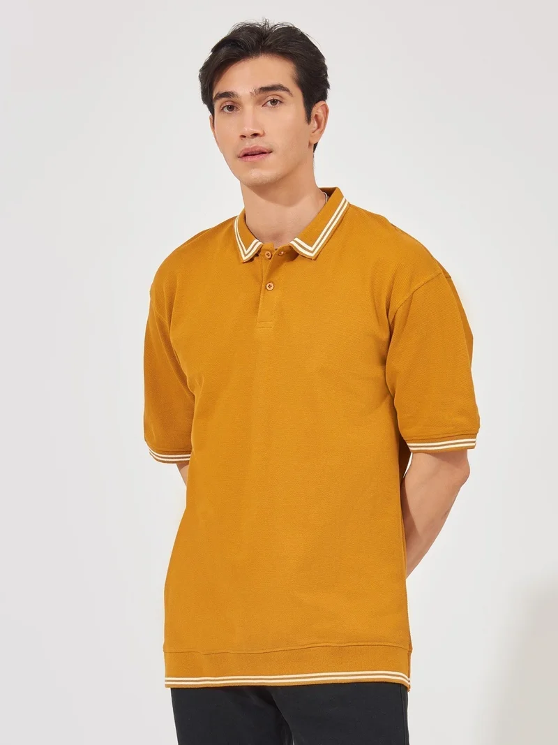 Maniac Maniac Mens Solid Polo Neck 3/4th Sleeve Mustard Oversized Cotton T-Shirt
