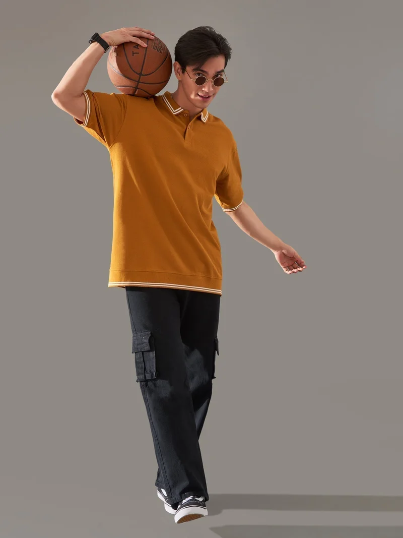 Maniac Maniac Mens Solid Polo Neck 3/4th Sleeve Mustard Oversized Cotton T-Shirt