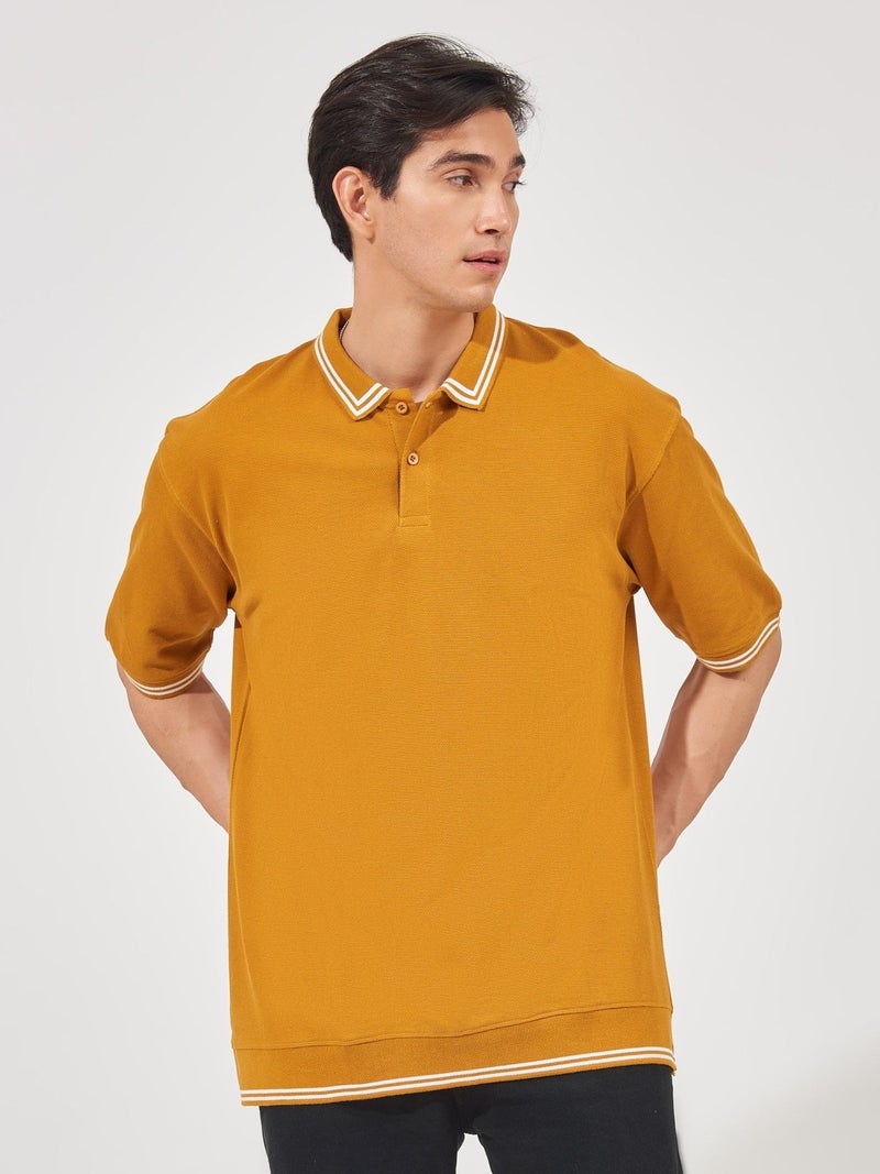 Maniac Mens solid polo neck 3/4th sleeve mustard oversized cotton t-shirt - Image 1
