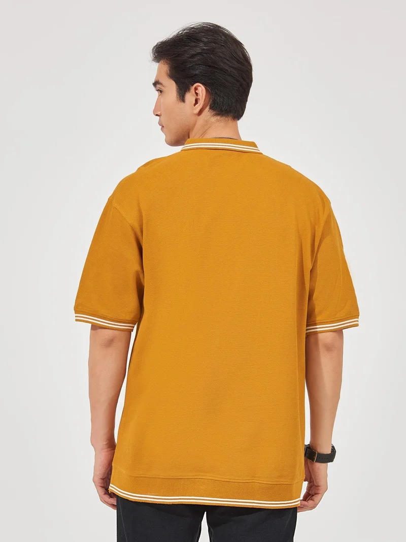 Maniac  Maniac Mens solid polo neck 3/4th sleeve mustard oversized cotton t-shirt for Men | Best Price UAE