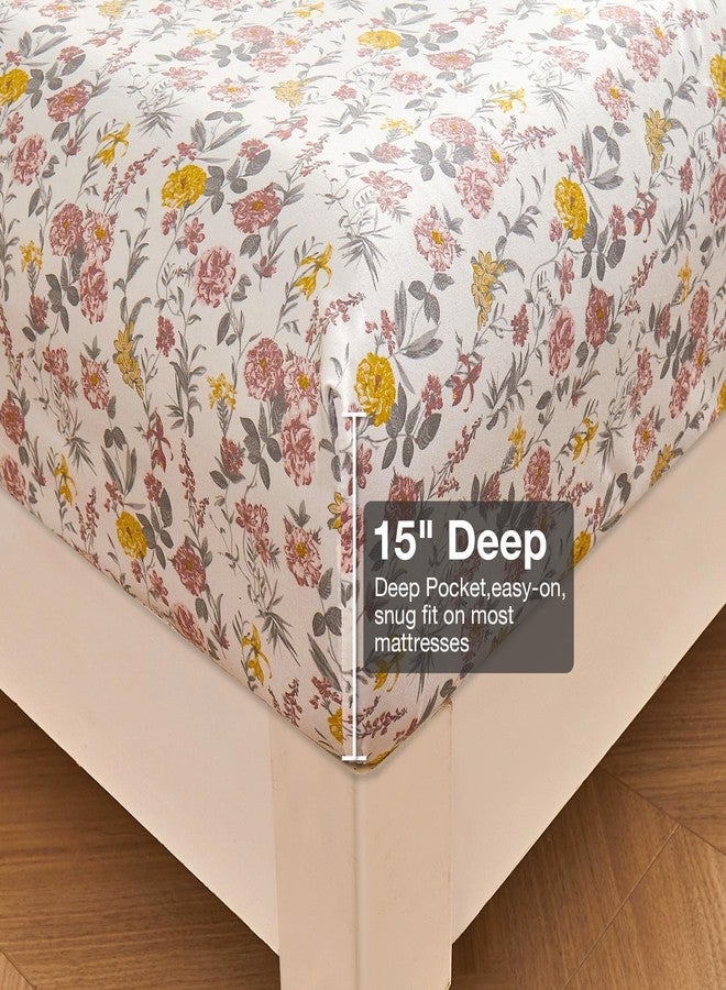 Viviland Floral King Sheet Set - 4 Piece Vintage Pink & Yellow Flower Patterned Bed Sheets - Soft, Breathable Microfiber Sheets with Deep Pocket, Non-Slip Fitted Sheets & Pillowcases - Image 4