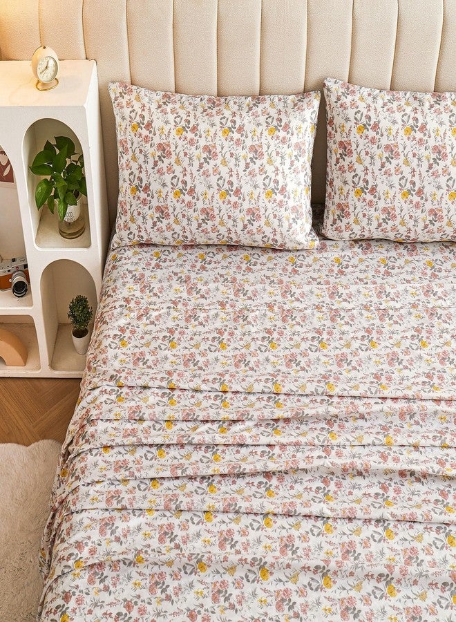 Viviland Floral King Sheet Set - 4 Piece Vintage Pink & Yellow Flower Patterned Bed Sheets - Soft, Breathable Microfiber Sheets with Deep Pocket, Non-Slip Fitted Sheets & Pillowcases - Image 2