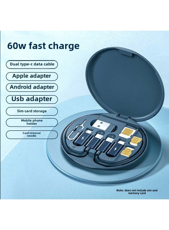 Six-in-one Multi-function Data Cable Storage Box Adapter For Apple Huawei Mobile Phone Computer 60W Fast Charging Typ-Color:Navy Blue 【60w Fast Charging + Storage Box + Stand】 - Image 1