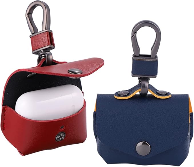 Blue Leather Protective Case Cover for Wireless Earphone Charging Box with Keychain Portable Travel Pouch - Image 1