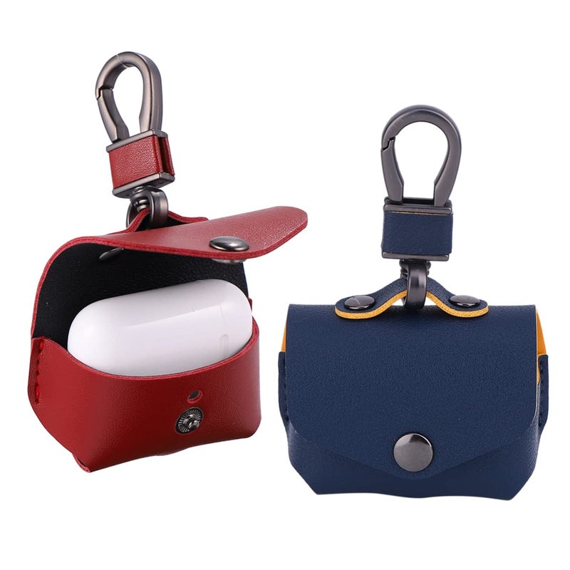 Blue Leather Protective Case Cover for Wireless Earphone Charging Box with Keychain Portable Travel Pouch - Image 2