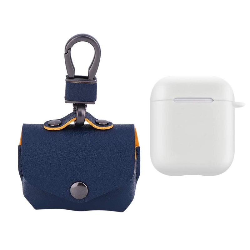 Blue Leather Protective Case Cover for Wireless Earphone Charging Box with Keychain Portable Travel Pouch - Image 4