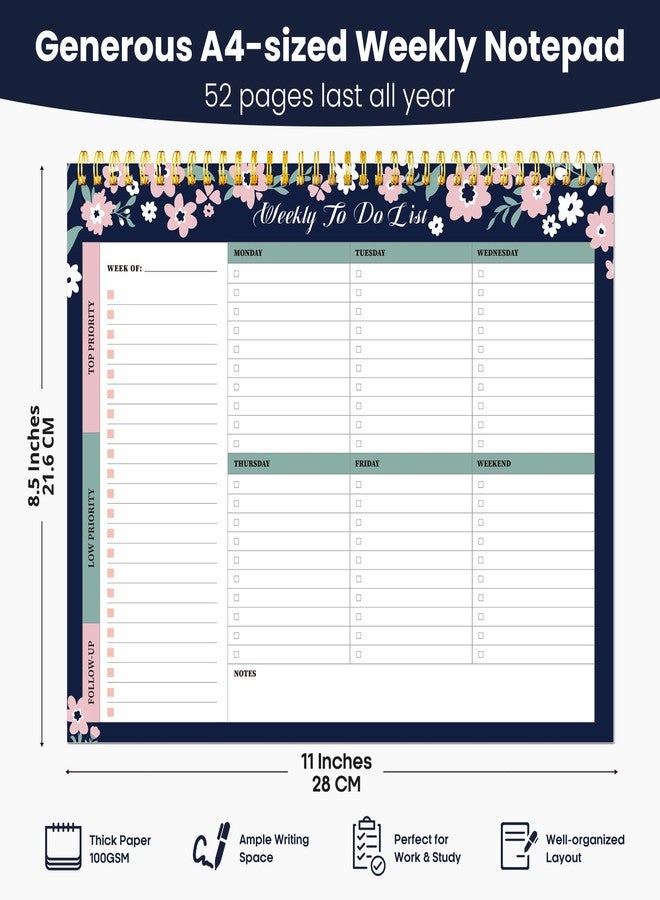 ZOTIA Weekly To Do List Notepad with 52 Undated Sheets（8.5"×11"）- Undated Weekly Planner Notepad for Office Desk Accessories and Supplies - Navy Blossom - Image 3