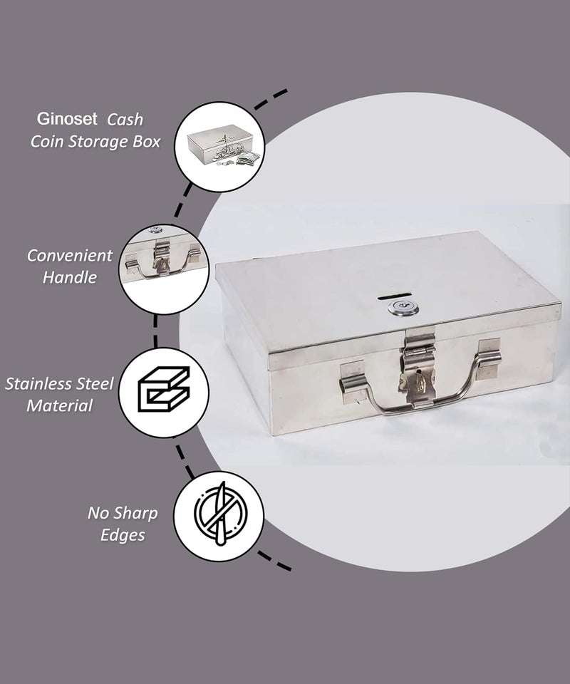GinoSet ® Stainless Steel Cash/Coin/Jewellery Storage Rectangular Silver Boxes with Pre-Fitted Lock (8" x 5" x 2.7") (M) - Image 2