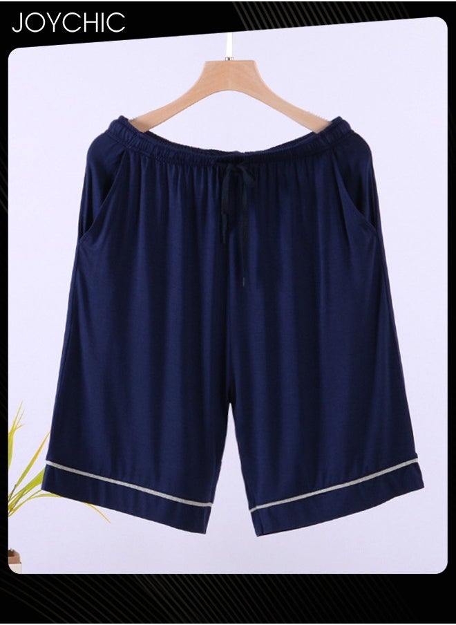 Joychic - Casual Men's Summer Mid-pants Modal Skin-friendly Breathable Pajama Bottom Male Loose Stretchable Home Sleeping Pants with Pockets Indoor Outdoor Dark Blue - Image 1