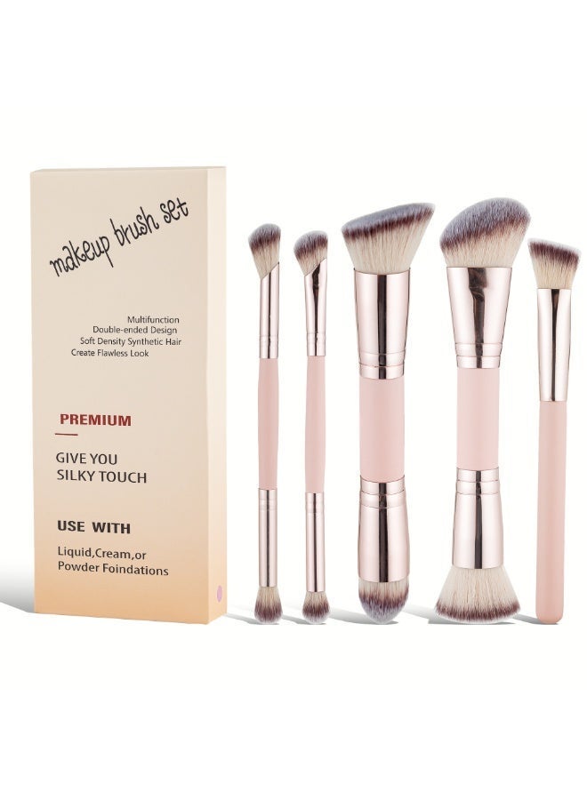 مجموعة فرش مكياج متعددة الوظائف مزدوجة الرأس، لمستحضر الأساس وكونسيلر وأحمر الخدود وهايلايت وفرشاة الحواجب وفرشاة عيون وفرشاة كونسيلر، باللون الوردي، أداة تجميل خالية من القسوة. - Image 1