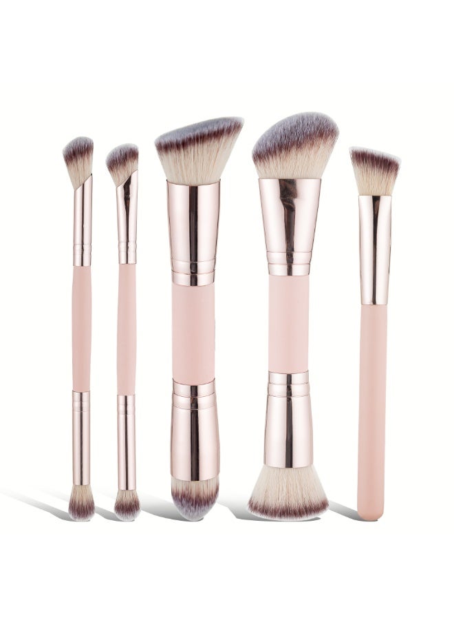 فوجزكسانس مجموعة فرش مكياج متعددة الوظائف مزدوجة الرأس، لمستحضر الأساس وكونسيلر وأحمر الخدود وهايلايت وفرشاة الحواجب وفرشاة عيون وفرشاة كونسيلر، باللون الوردي، أداة تجميل خالية من القسوة. - Image 1