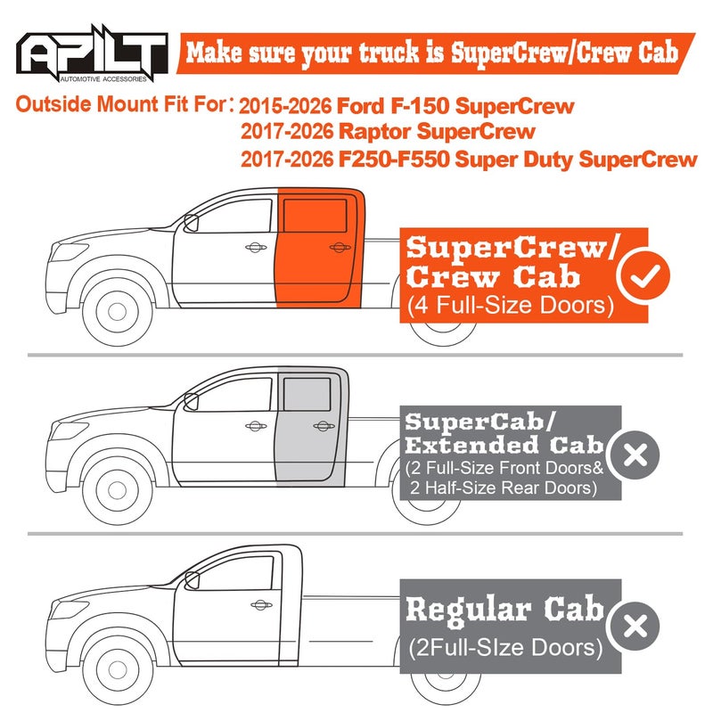 APILT Large Rain Guards Window Visors for 2015-2026 Ford F-150 SuperCrew & 2017-2026 Raptor/F-250 /F-350/F-450/F-550 Super Duty SuperCrew Wind Deflector Dark Smoke Outside-Mount 4pcs Set with Thicker - Image 3