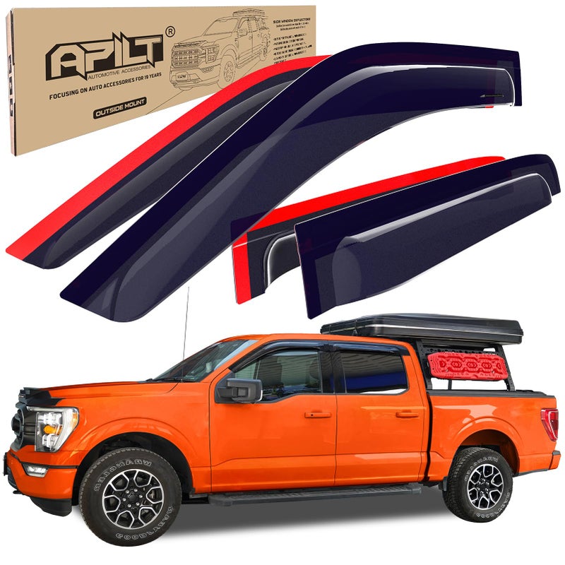 APILT Large Rain Guards Window Visors for 2015-2026 Ford F-150 SuperCrew & 2017-2026 Raptor/F-250 /F-350/F-450/F-550 Super Duty SuperCrew Wind Deflector Dark Smoke Outside-Mount 4pcs Set with Thicker - Image 1