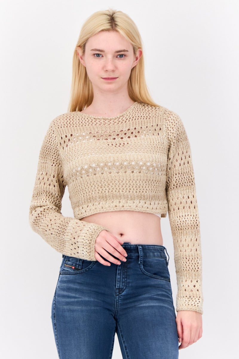 Don't Call Me Jennyfer Women Round Neck Eyelet Knitted Sweater, Tan - Image 1
