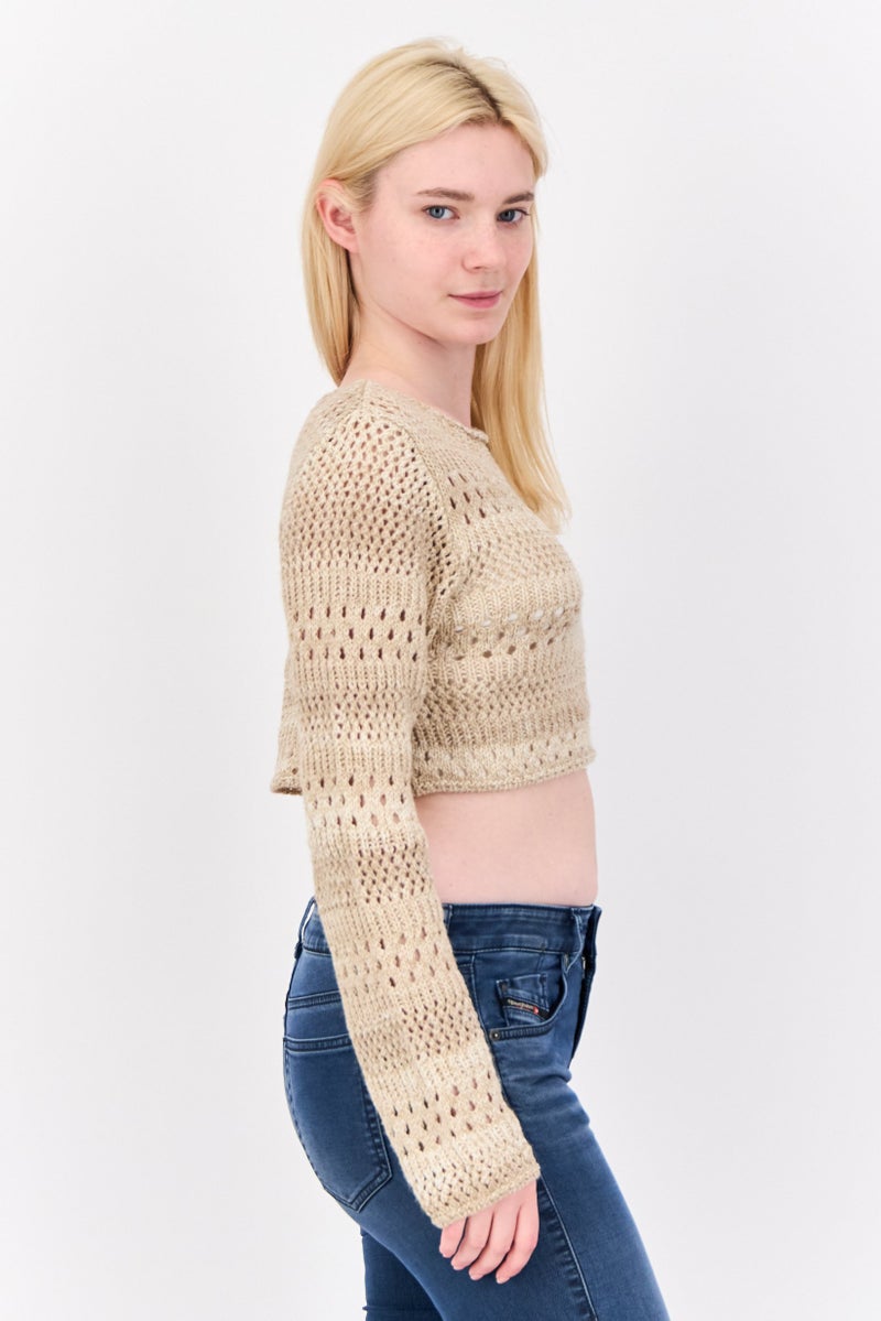 Don't Call Me Jennyfer Women Round Neck Eyelet Knitted Sweater, Tan - Image 4