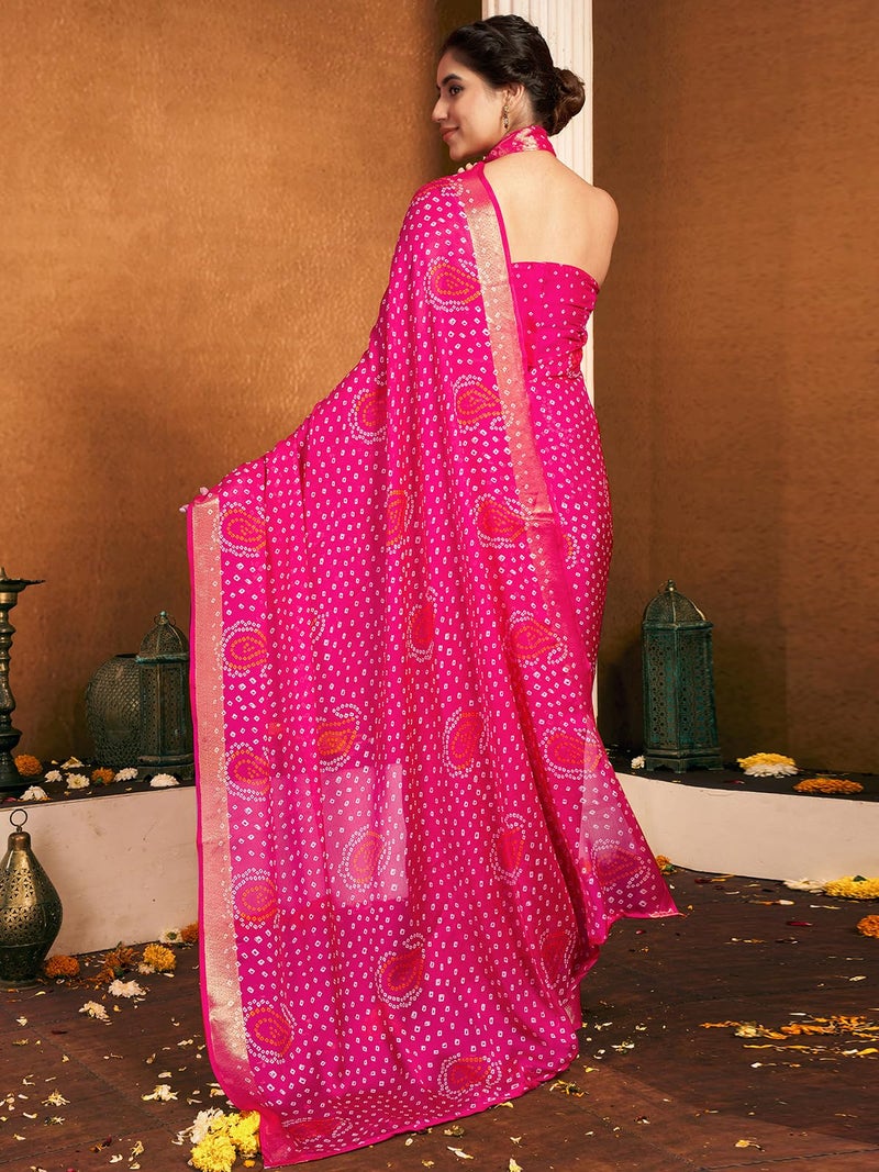 Satrani Women's Chiffon Bandhani Printed Weaving Border Saree with Unstitched Blouse Piece (4053S132N_Rani Pink) - Image 3