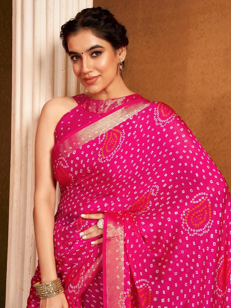 Satrani Women's Chiffon Bandhani Printed Weaving Border Saree with Unstitched Blouse Piece (4053S132N_Rani Pink) - Image 4