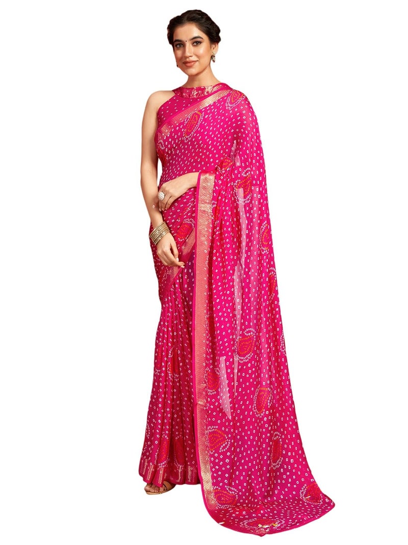 Satrani Women's Chiffon Bandhani Printed Weaving Border Saree with Unstitched Blouse Piece (4053S132N_Rani Pink) - Image 1