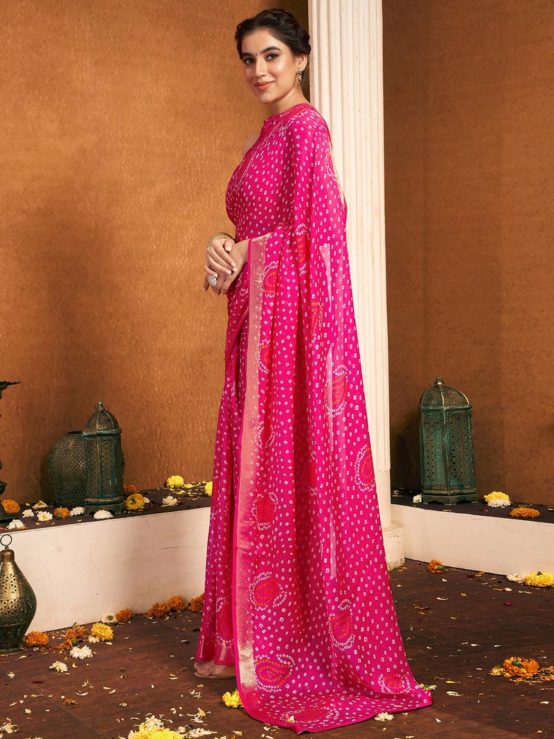 Satrani Women's Chiffon Bandhani Printed Weaving Border Saree with Unstitched Blouse Piece (4053S132N_Rani Pink) - Image 2