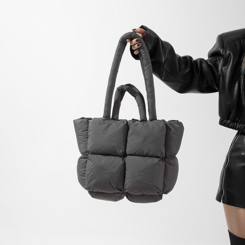 Casual Satchel Cotton Bag For Women Winter New Product Trendy New Pure Color Checkered Shoulder Tote Bag Gray - Image 3