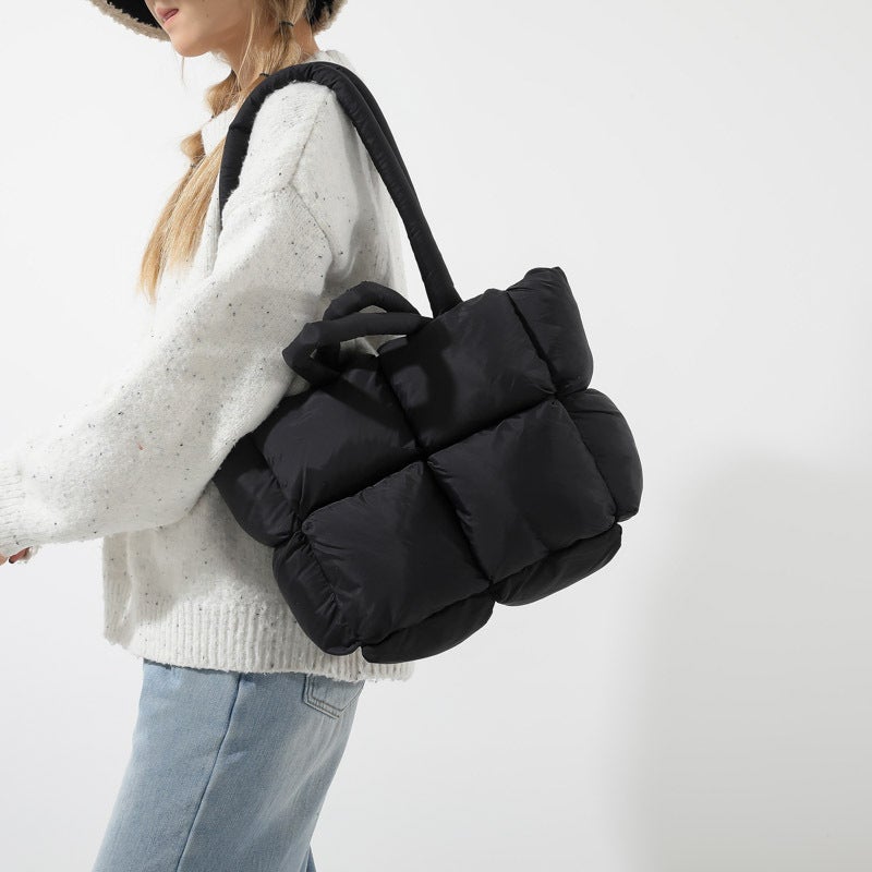 Casual Satchel Cotton Bag For Women Winter New Product Trendy New Pure Color Checkered Shoulder Tote Bag Gray - Image 2