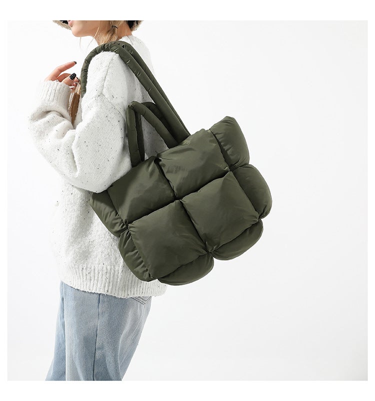 Casual Satchel Cotton Bag For Women Winter New Product Trendy New Pure Color Checkered Shoulder Tote Bag Gray - Image 1