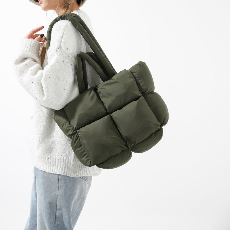 Casual Satchel Cotton Bag For Women Winter New Product Trendy New Pure Color Checkered Shoulder Tote Bag Gray - Image 5