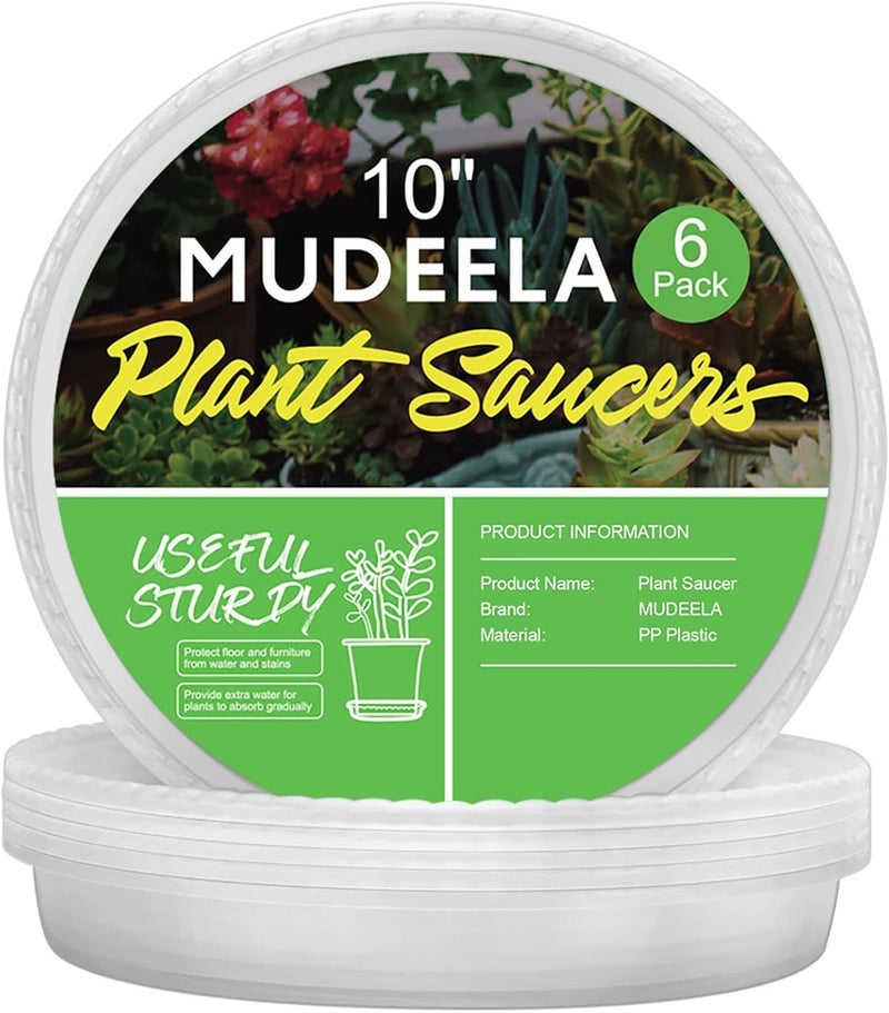 MUDEELA MUDEELA 6 Pack of 10 Inches Plant Saucers for Indoor Durable Plastic Round Plant Tray Plant Dish Pant Plate to Catch Water for Flower and Plant Pot Thicker Stronger Deeper Clear 