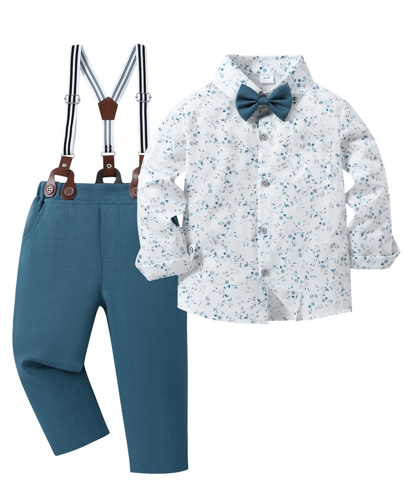 YALLET Boy Clothes Suits, Formal Dress Shirt with Bowtie+Suspender Pants Big Kid Gentleman Wedding Outfits (Blue Print, 7-8 Years) - Image 1