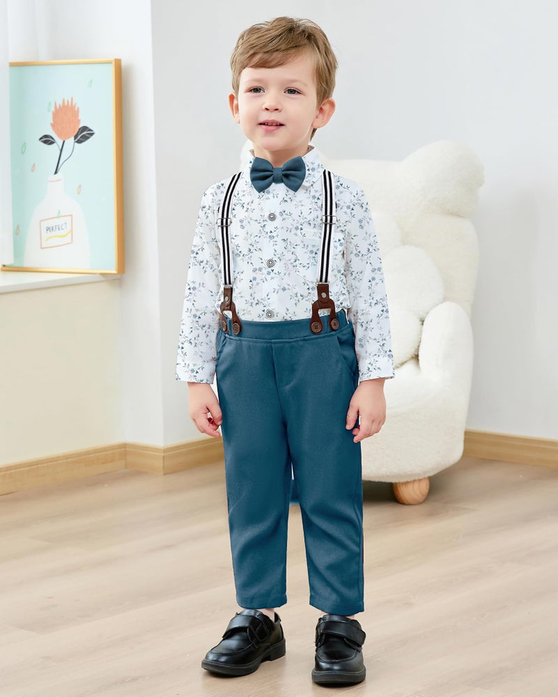 YALLET Boy Clothes Suits, Formal Dress Shirt with Bowtie+Suspender Pants Big Kid Gentleman Wedding Outfits (Blue Print, 7-8 Years) - Image 4