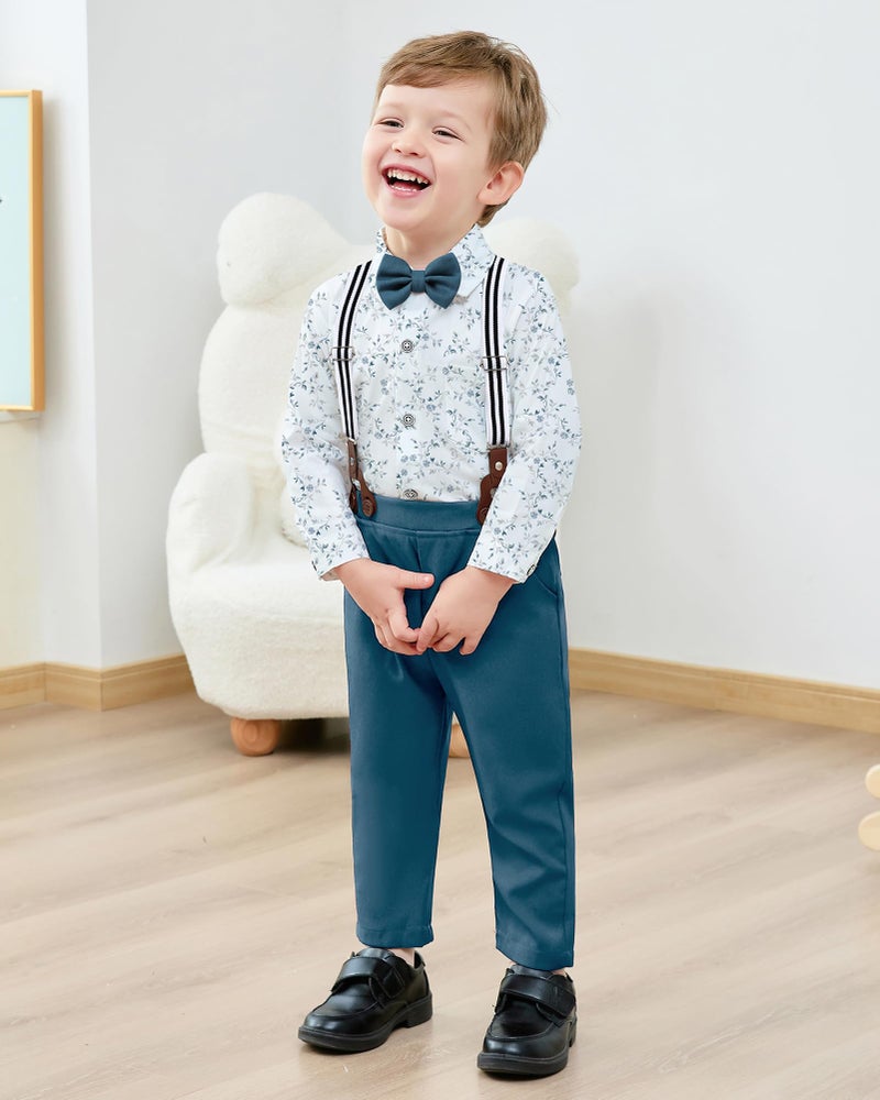 YALLET Boy Clothes Suits, Formal Dress Shirt with Bowtie+Suspender Pants Big Kid Gentleman Wedding Outfits (Blue Print, 7-8 Years) - Image 3