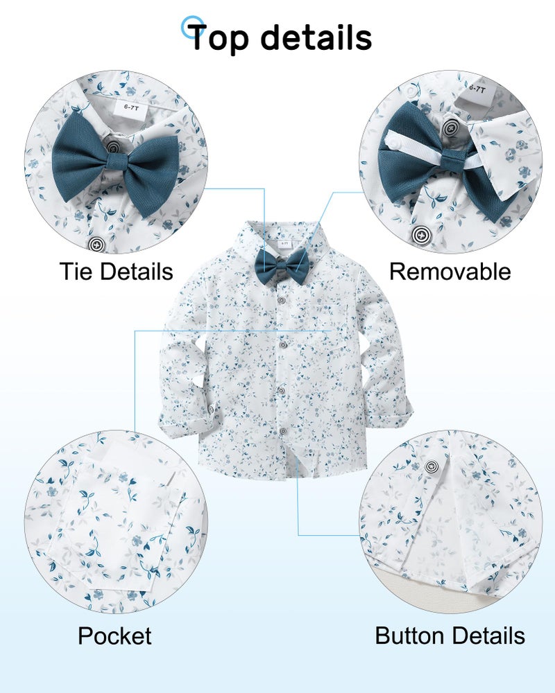 YALLET Boy Clothes Suits, Formal Dress Shirt with Bowtie+Suspender Pants Big Kid Gentleman Wedding Outfits (Blue Print, 7-8 Years) - Image 5
