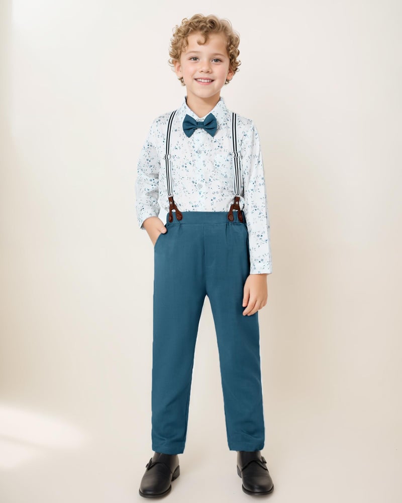 YALLET Boy Clothes Suits, Formal Dress Shirt with Bowtie+Suspender Pants Big Kid Gentleman Wedding Outfits (Blue Print, 7-8 Years) - Image 2