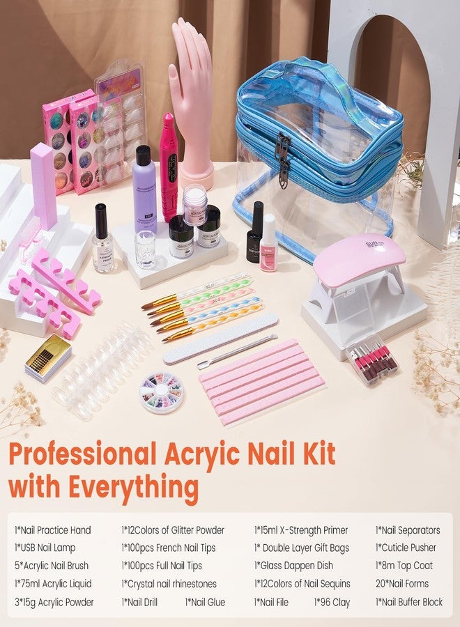 Wilfniee Nail Kit for Beginners with Everything: Practice Nail Hand Acrylic Set Professional Powder Liquid Starter Kits with Drill U/V Lamp in Cosmetic Gift Bag for Salon Home (Blue) - Image 3