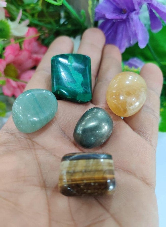 Astroghar Natural Citrine Green Aventurine Pyrite Malachite Tiger's Eye Set of 4 Crystals Tumble Wealth and Prosperity Kit for Reiki Healing and Grid Making - Image 3